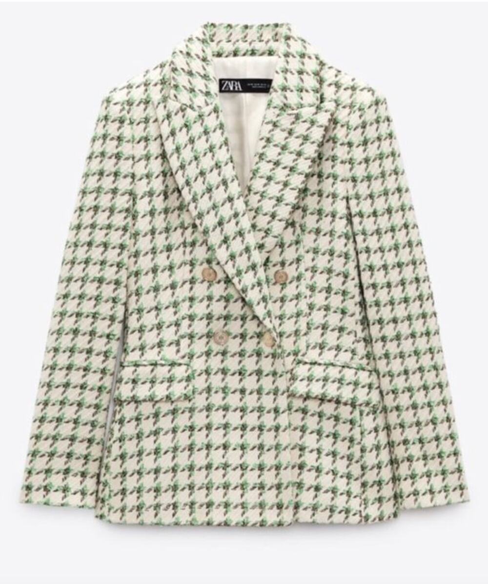 Zara Textured Double-Breasted Tweed Blazer Ecru & Green Houndstooth S